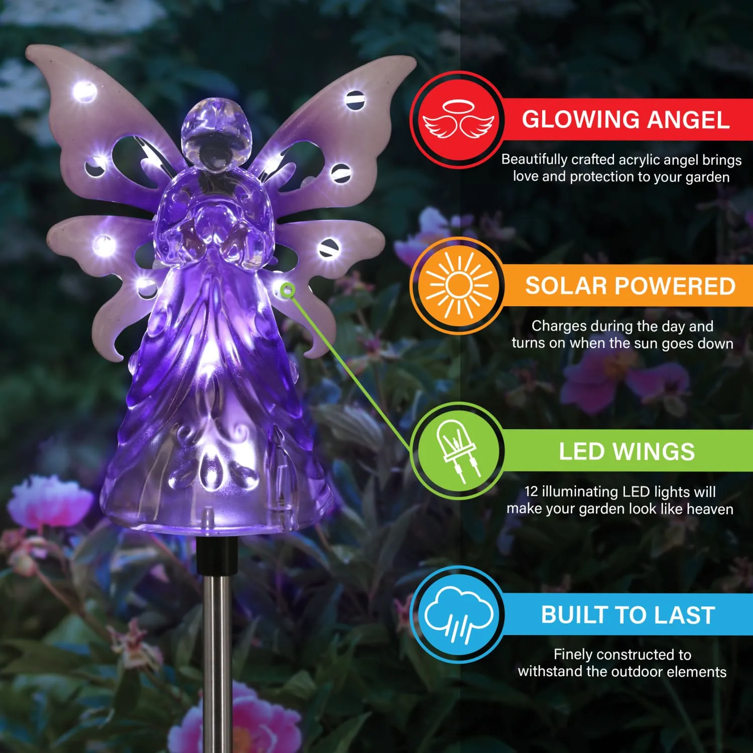 Solar Acrylic Angel with Wings and Twelve LED lights Metal Garden Stake in Purple, 4 by 34 Inches