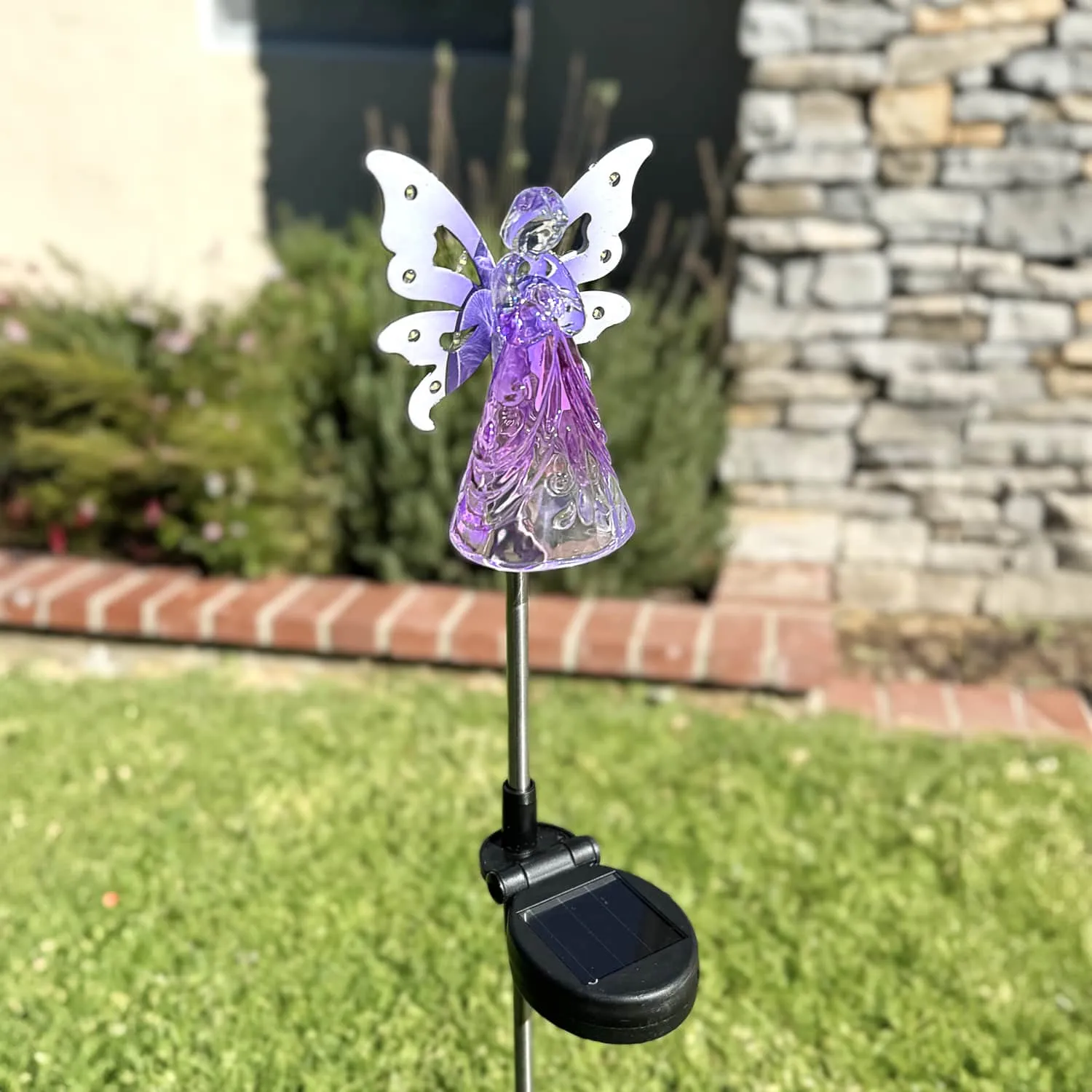 Solar Acrylic Angel with Wings and Twelve LED lights Metal Garden Stake in Purple, 4 by 34 Inches