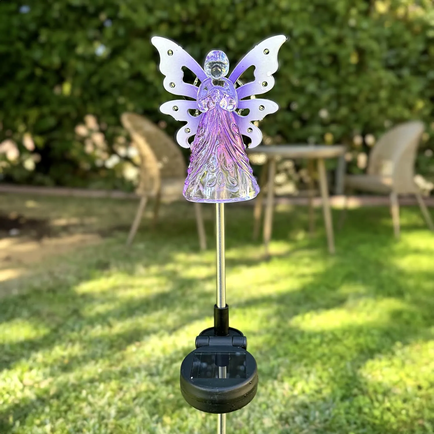 Solar Acrylic Angel with Wings and Twelve LED lights Metal Garden Stake in Purple, 4 by 34 Inches