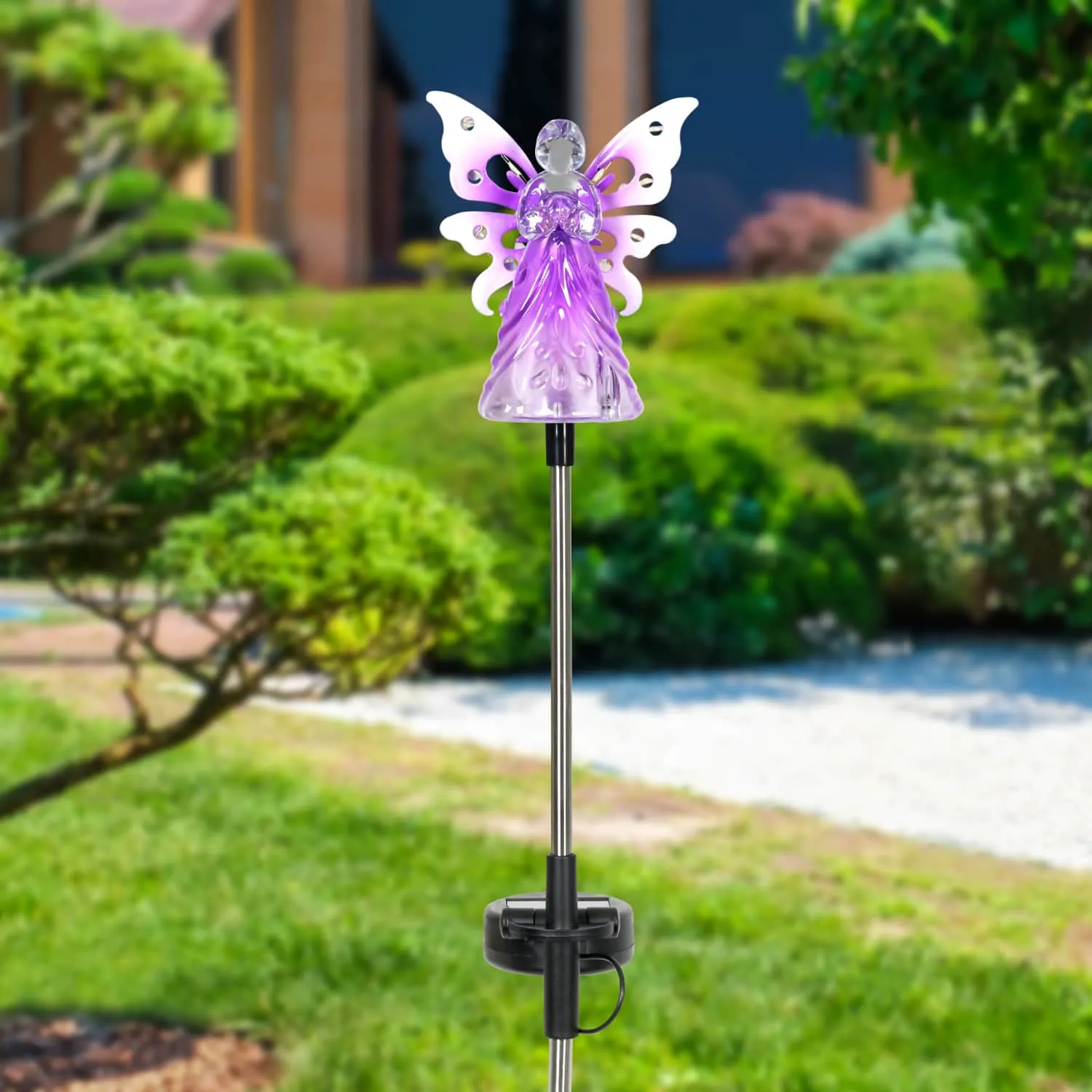 Solar Acrylic Angel with Wings and Twelve LED lights Metal Garden Stake in Purple, 4 by 34 Inches