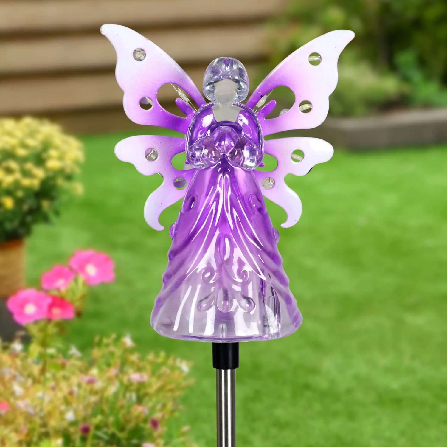 Solar Acrylic Angel with Wings and Twelve LED lights Metal Garden Stake in Purple, 4 by 34 Inches