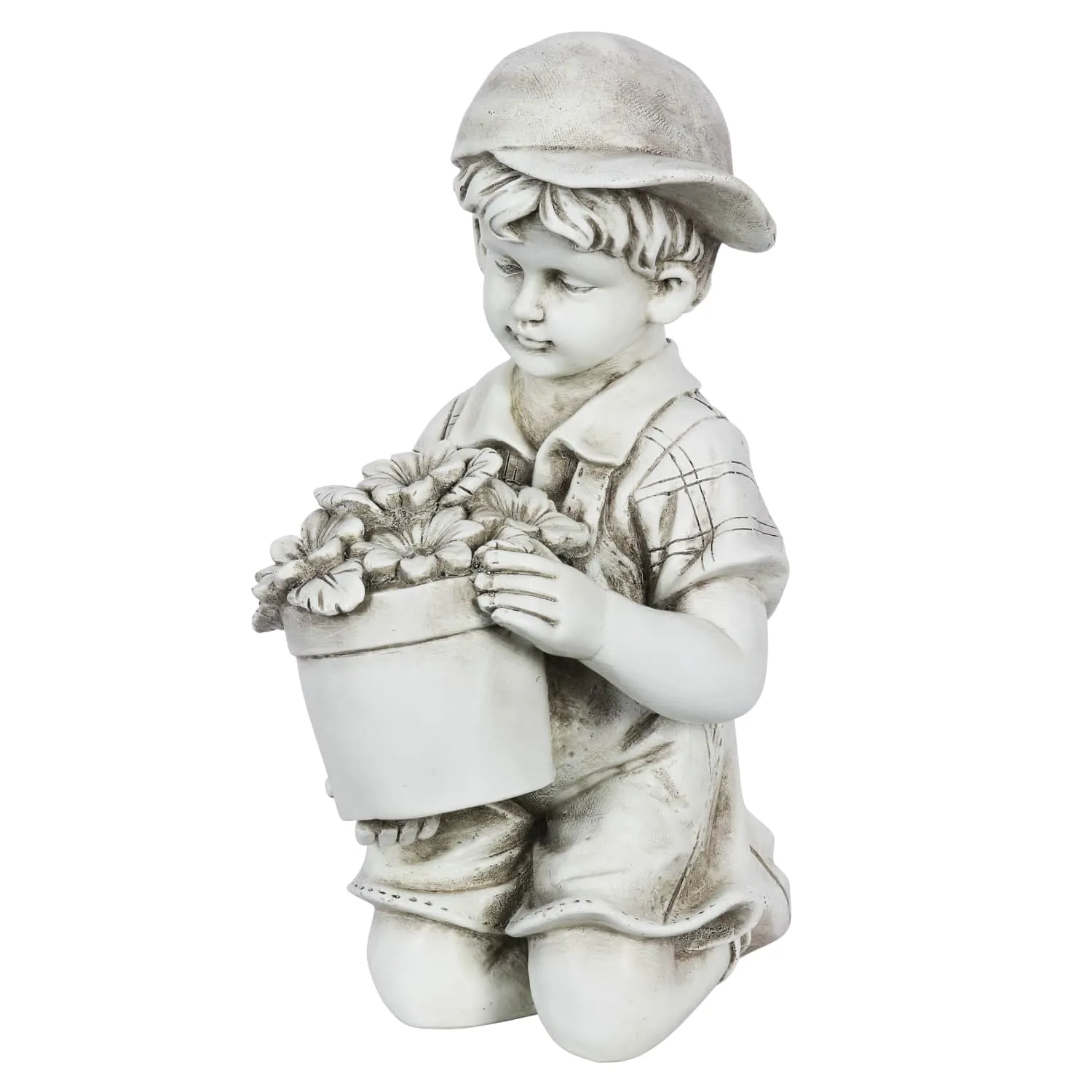 Solar Boy with Flower Pot Garden Statuary, 15 Inch