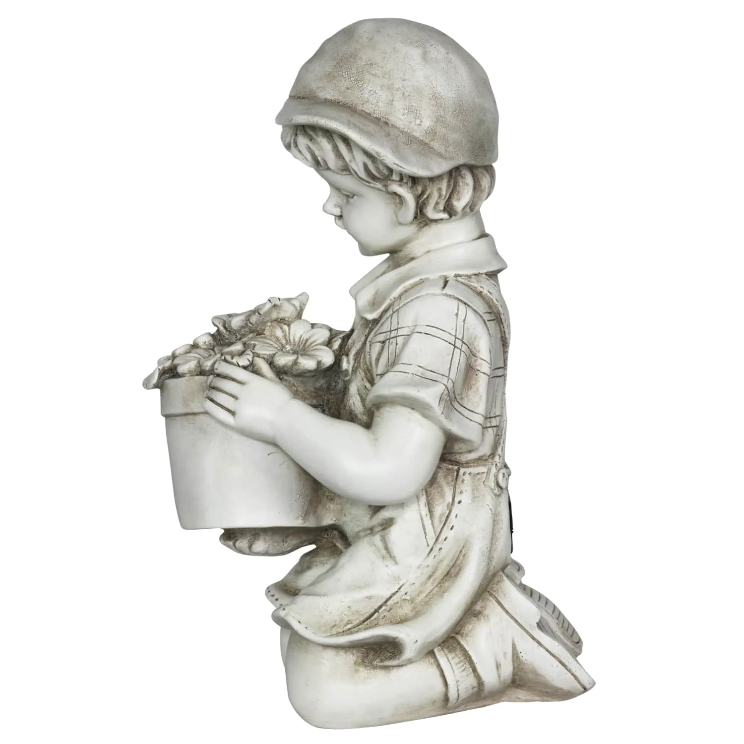 Solar Boy with Flower Pot Garden Statuary, 15 Inch