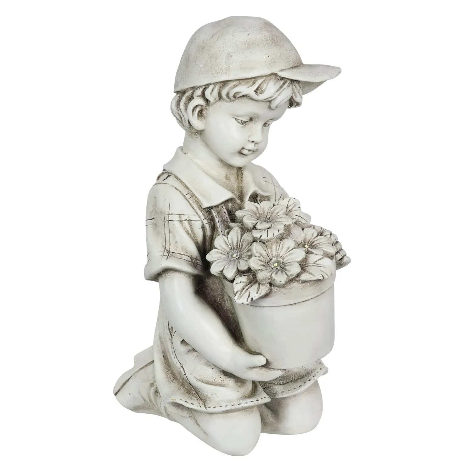 Solar Boy with Flower Pot Garden Statuary, 15 Inch