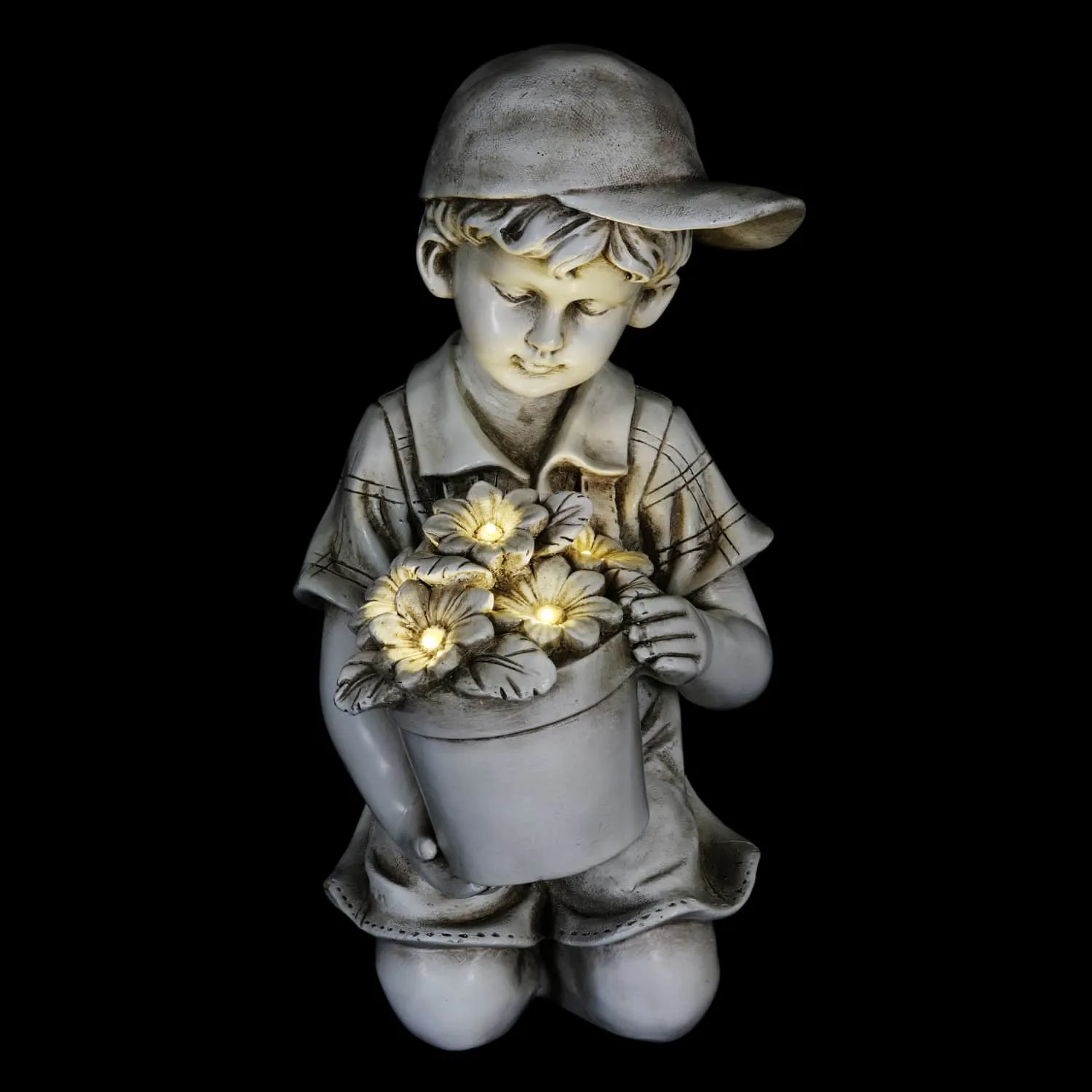 Solar Boy with Flower Pot Garden Statuary, 15 Inch