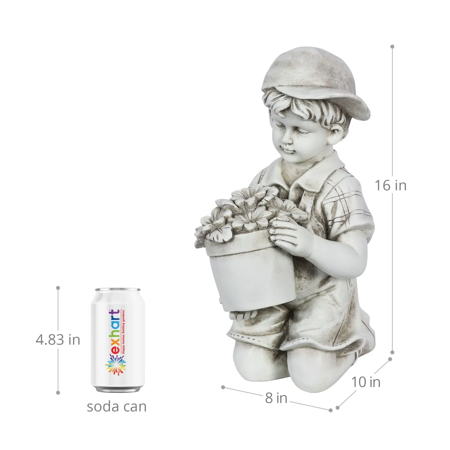 Solar Boy with Flower Pot Garden Statuary, 15 Inch