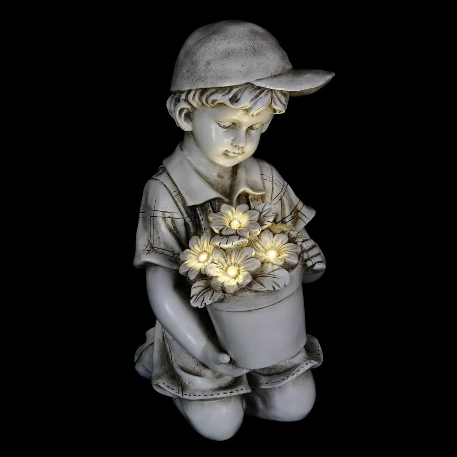 Solar Boy with Flower Pot Garden Statuary, 15 Inch