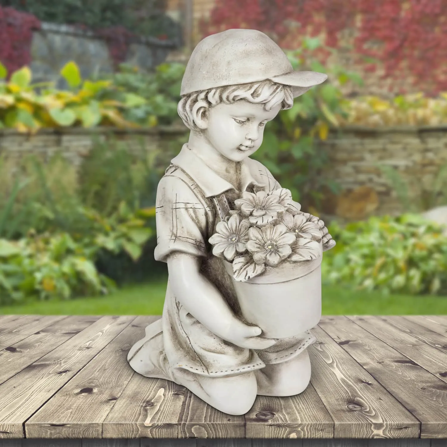 Solar Boy with Flower Pot Garden Statuary, 15 Inch