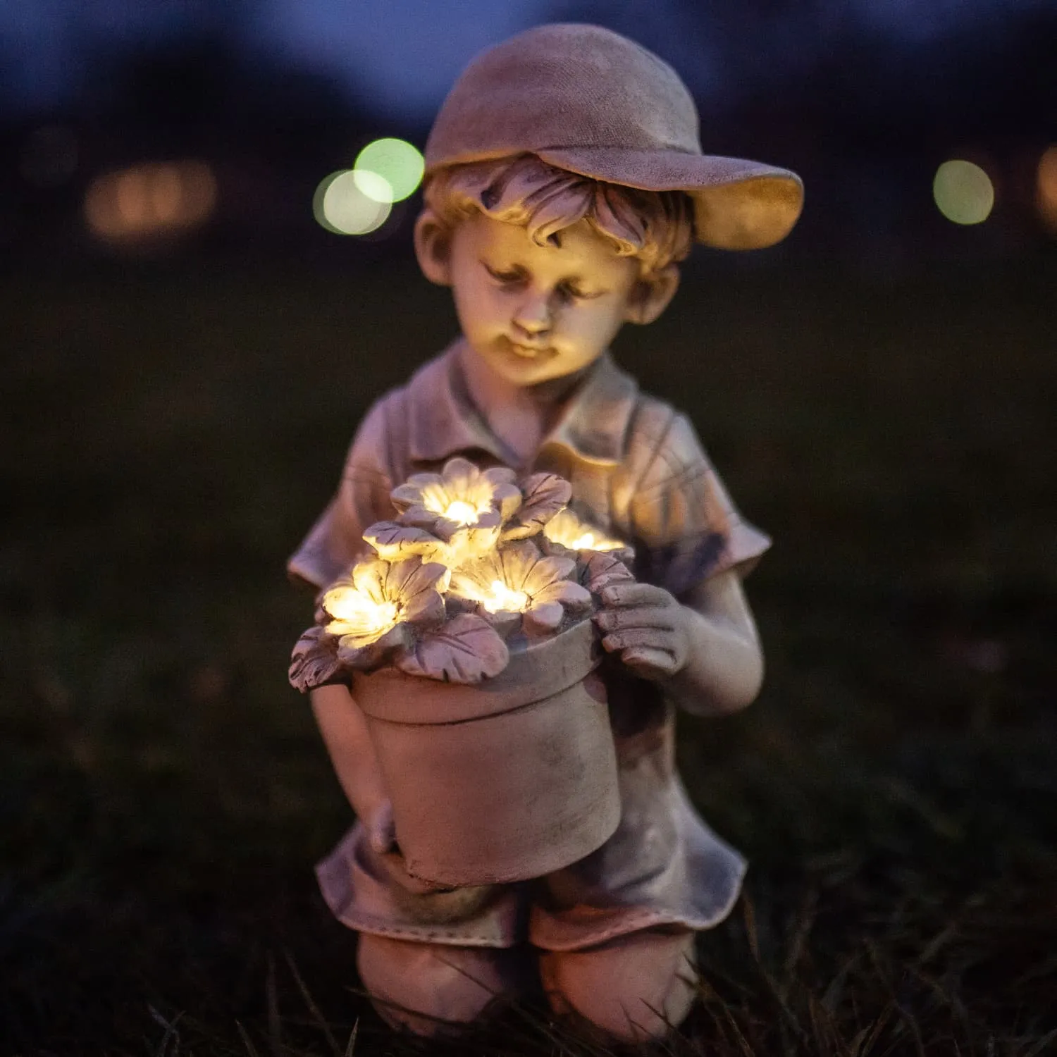 Solar Boy with Flower Pot Garden Statuary, 15 Inch