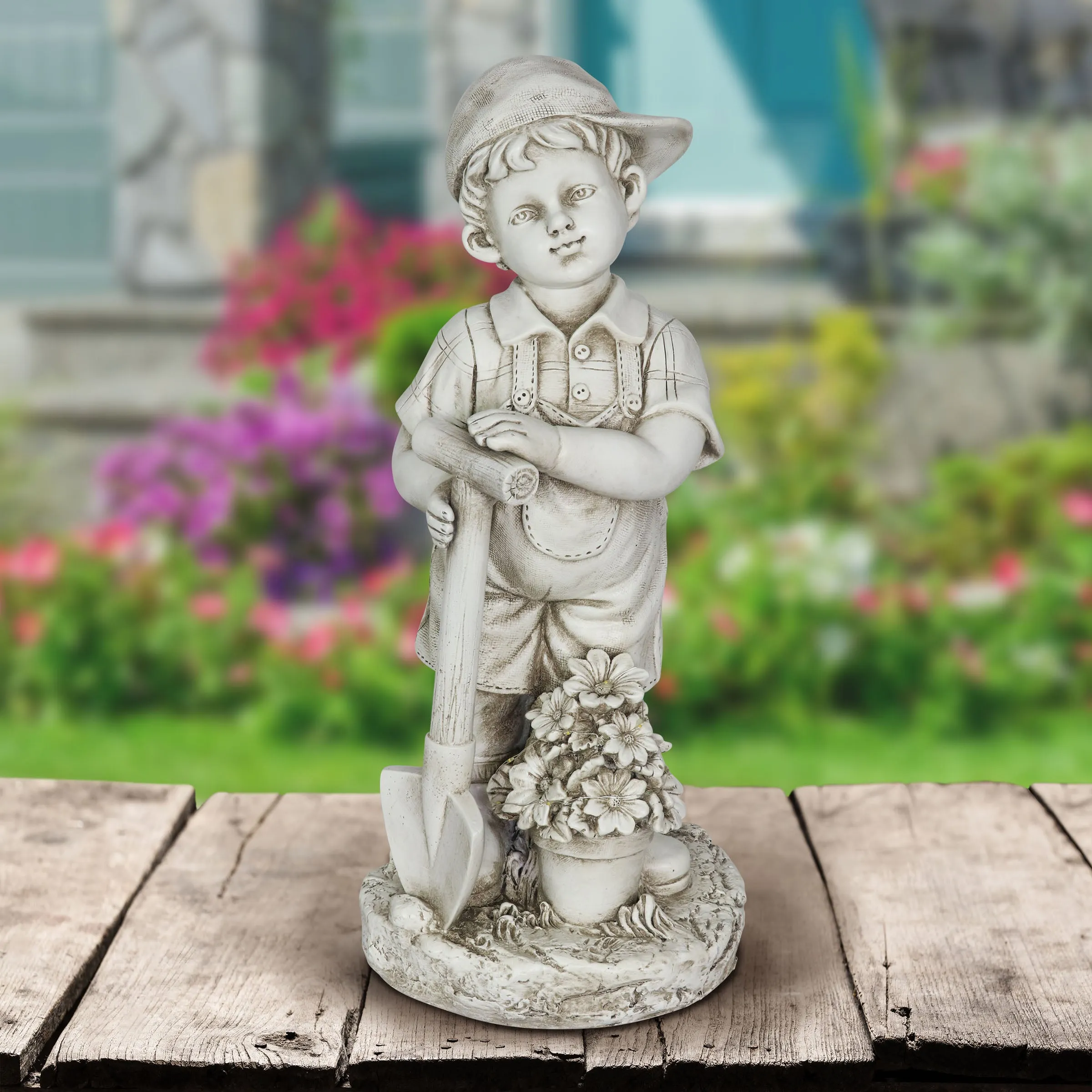 Solar Gardening Boy Statue in Natural Resin Finish, 18 Inch