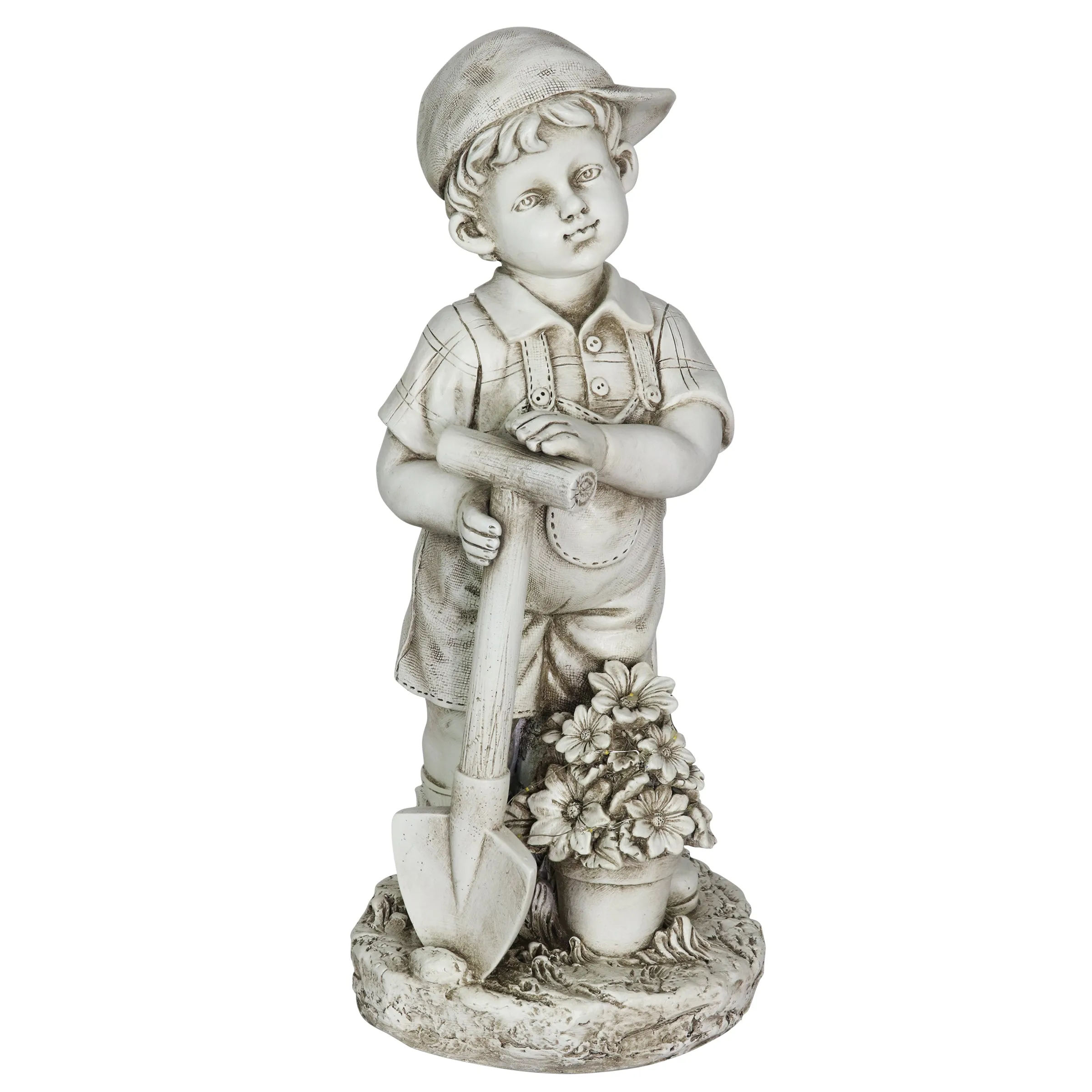 Solar Gardening Boy Statue in Natural Resin Finish, 18 Inch