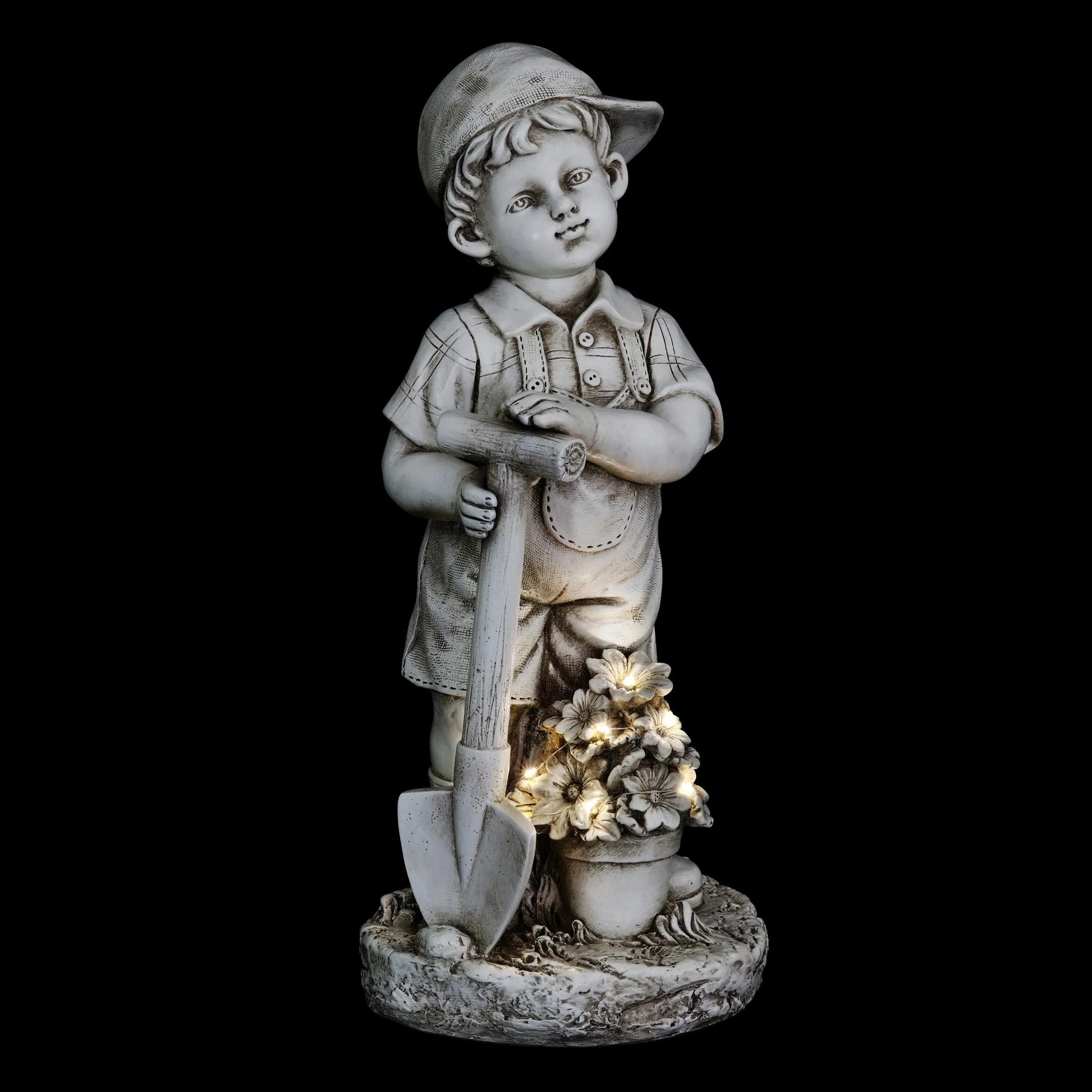 Solar Gardening Boy Statue in Natural Resin Finish, 18 Inch