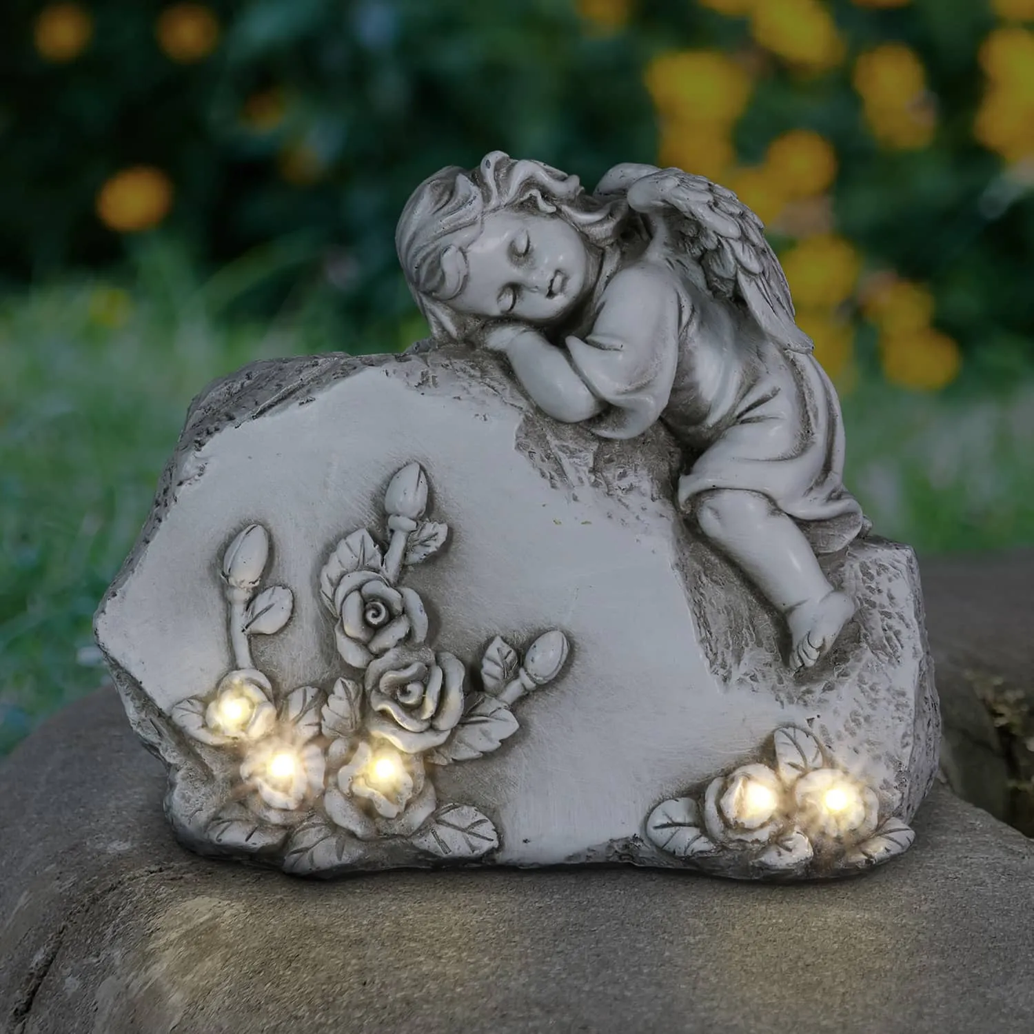 Solar Memorial Rock with Angel, 6 Inch