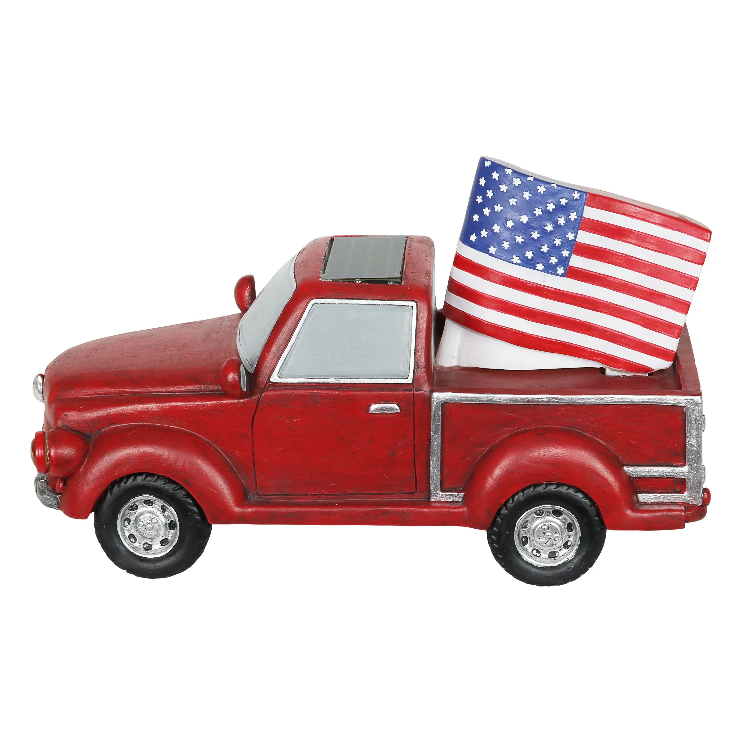 Solar Red Patriotic Garden Truck Statue with American Flag, 6.5 by 11 Inch