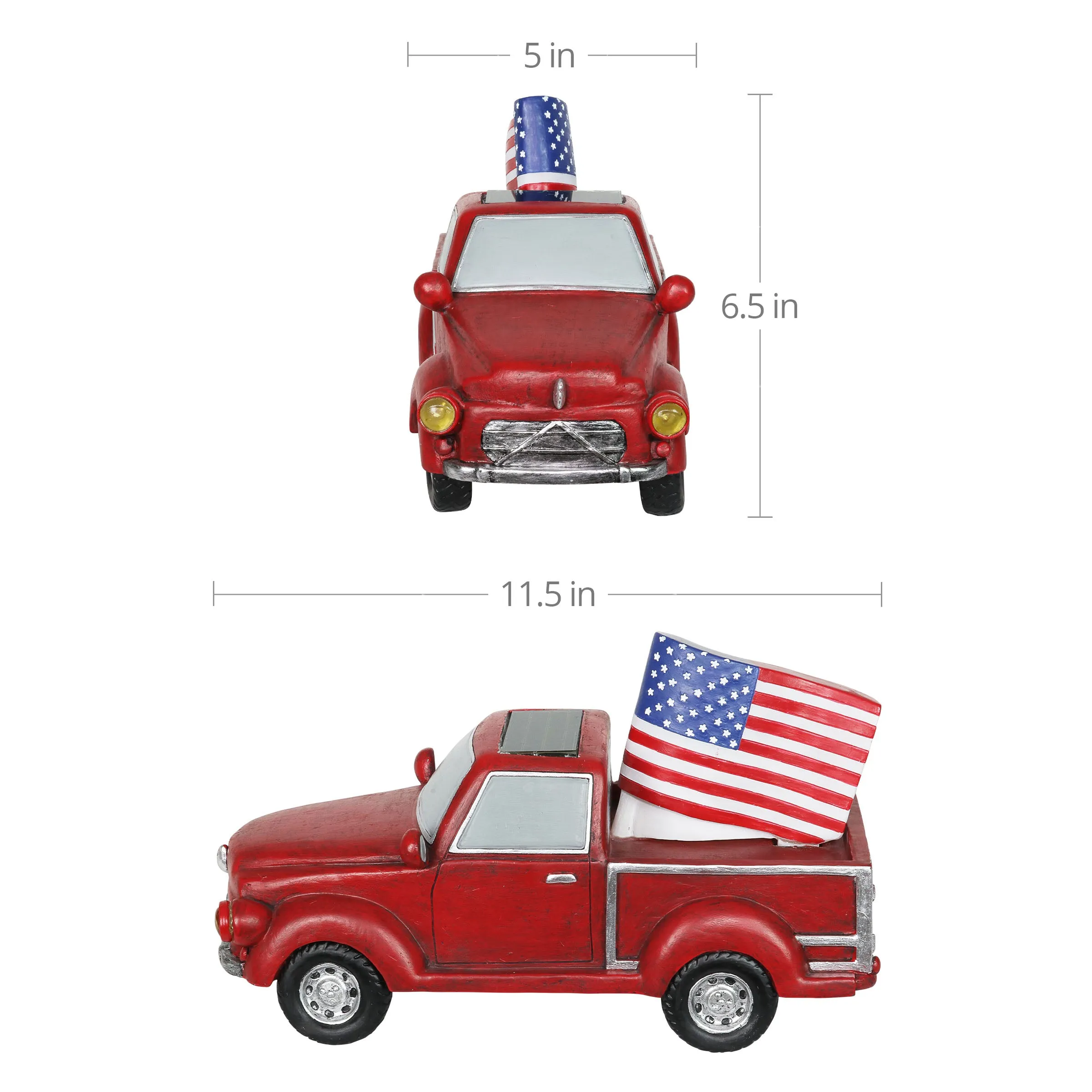 Solar Red Patriotic Garden Truck Statue with American Flag, 6.5 by 11 Inch