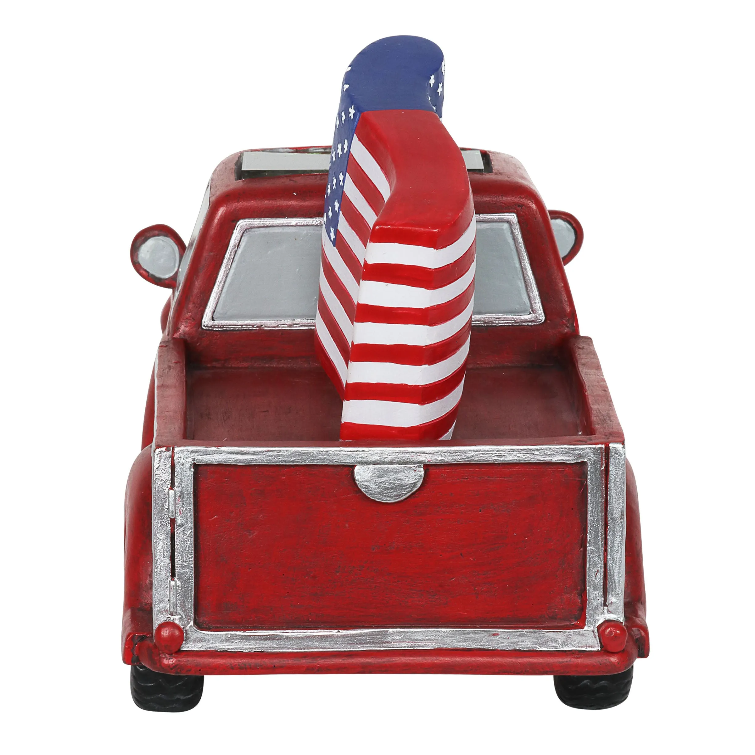 Solar Red Patriotic Garden Truck Statue with American Flag, 6.5 by 11 Inch