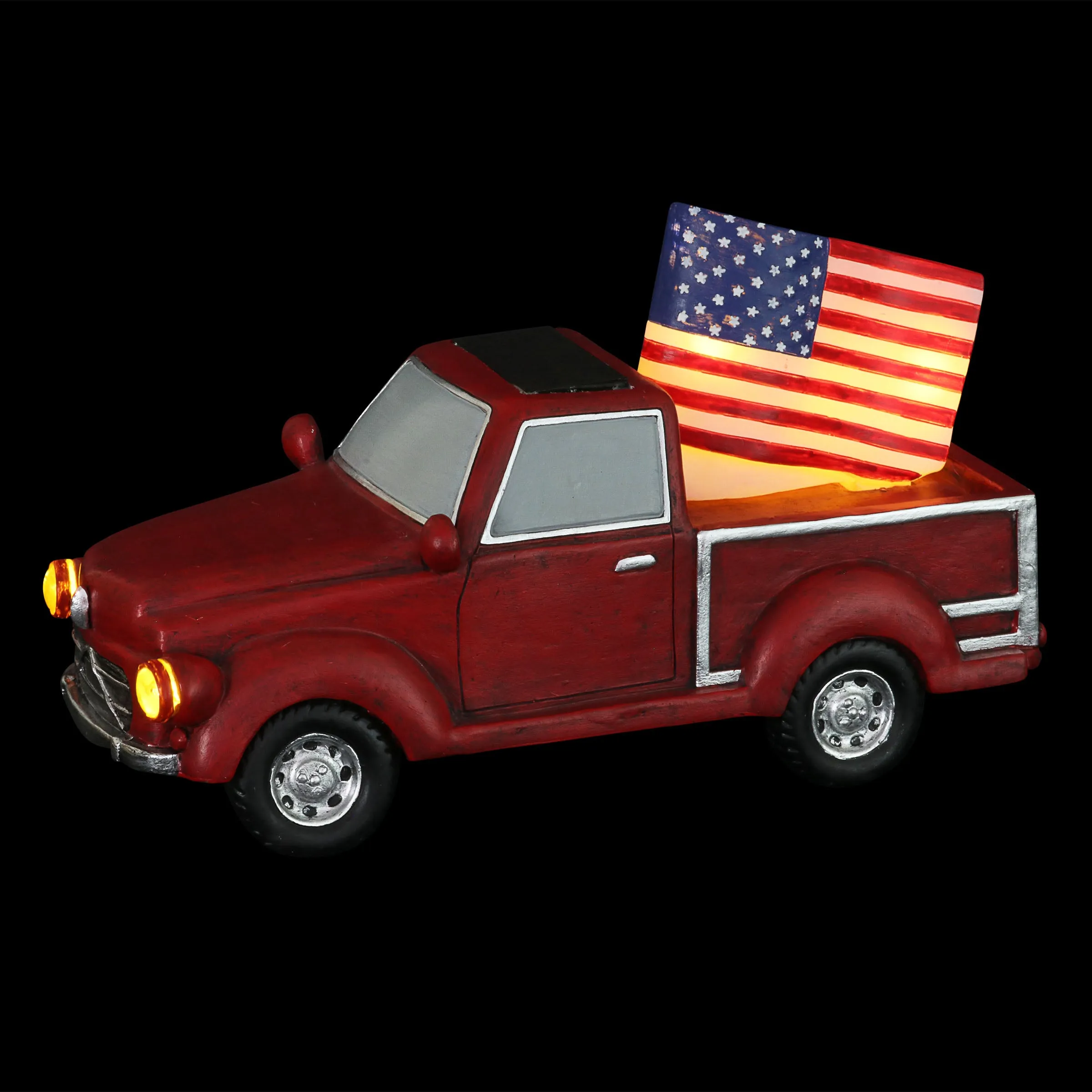 Solar Red Patriotic Garden Truck Statue with American Flag, 6.5 by 11 Inch