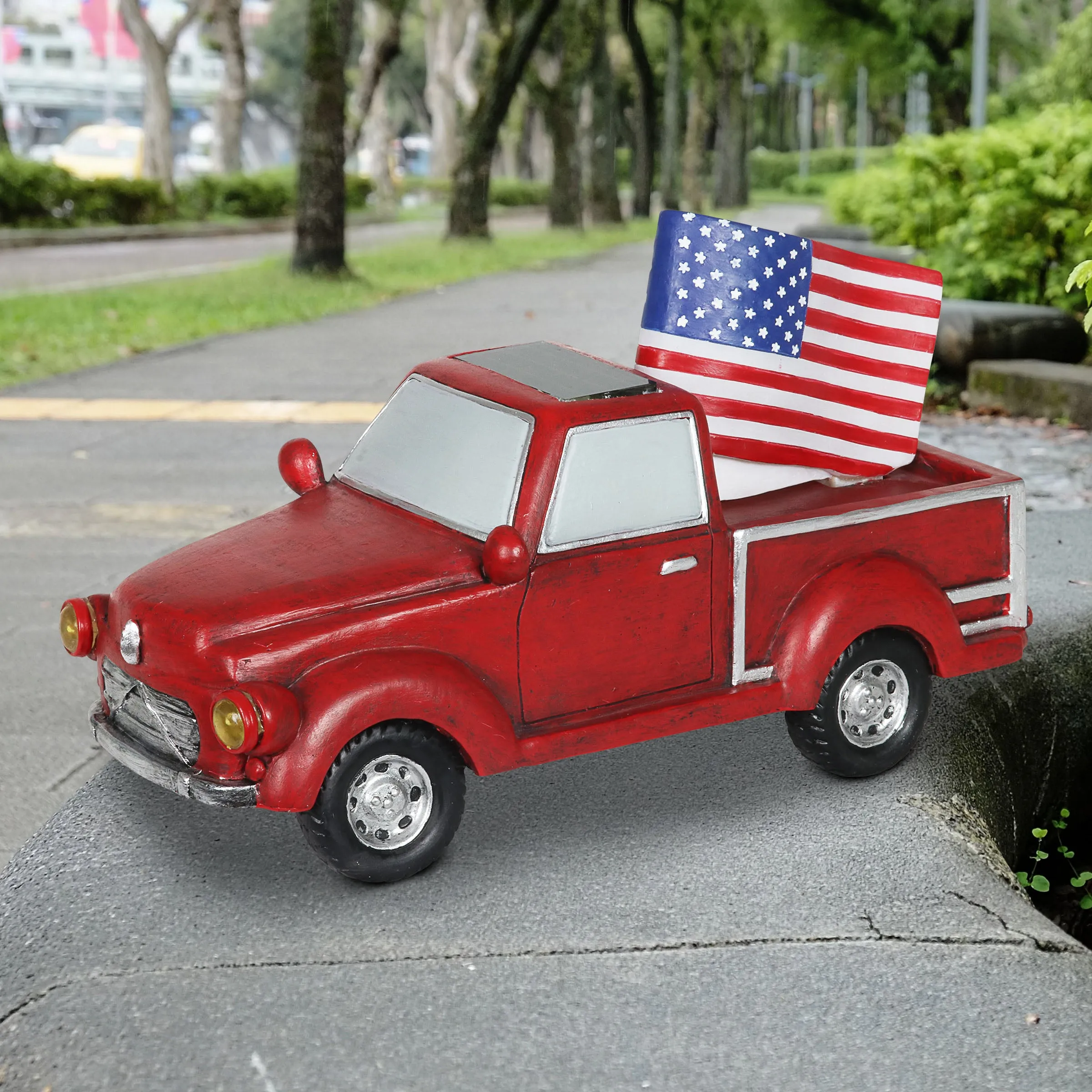 Solar Red Patriotic Garden Truck Statue with American Flag, 6.5 by 11 Inch