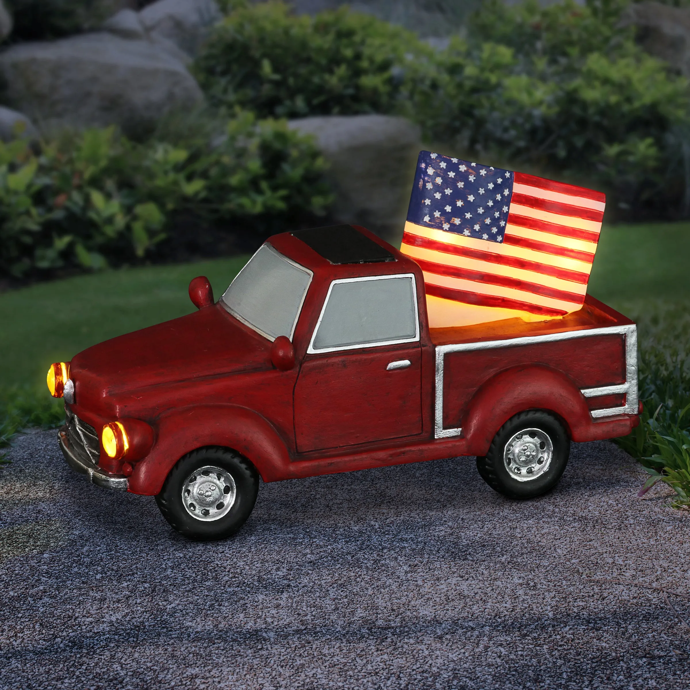 Solar Red Patriotic Garden Truck Statue with American Flag, 6.5 by 11 Inch