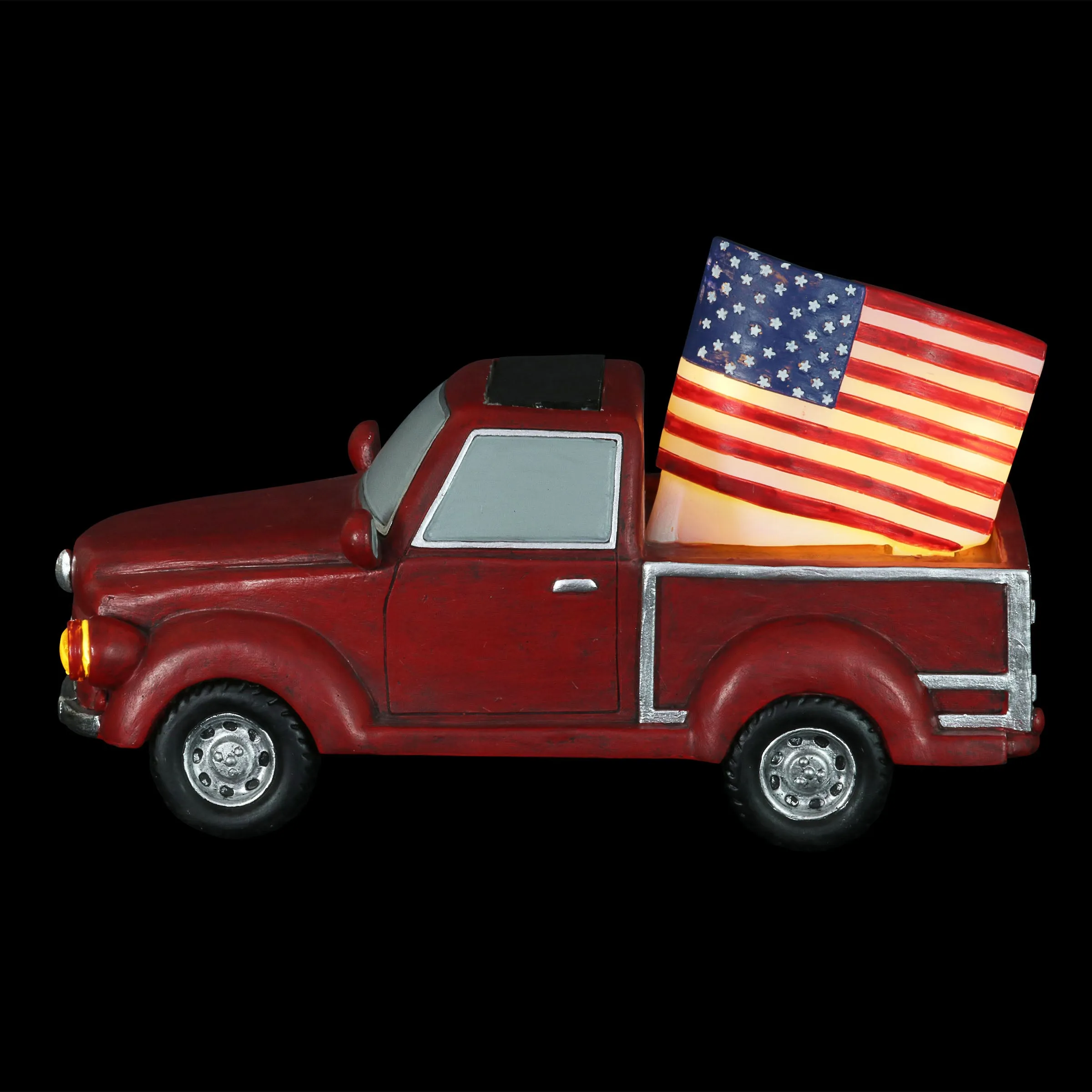 Solar Red Patriotic Garden Truck Statue with American Flag, 6.5 by 11 Inch