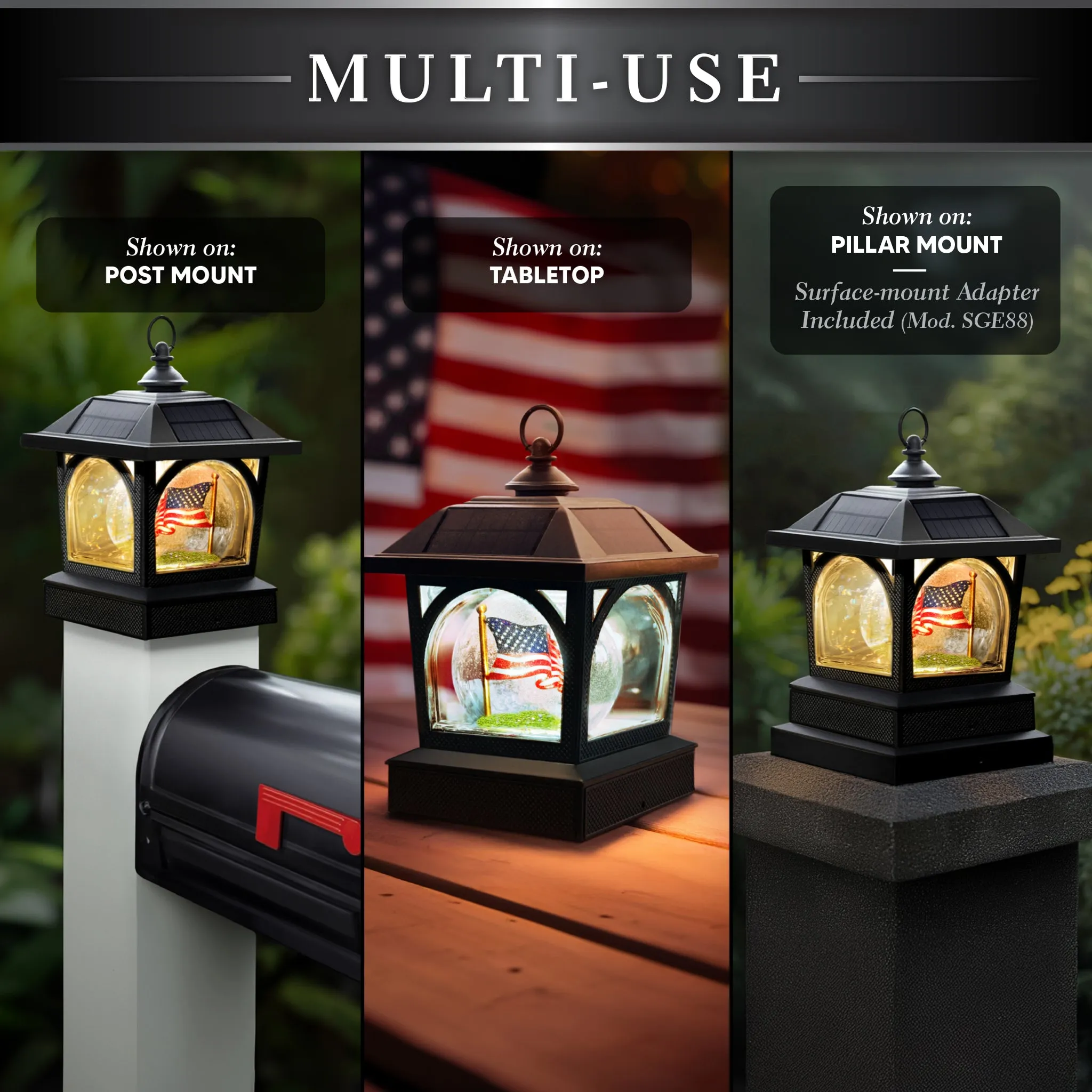 Solar USA Patriot Table Lantern/Post Cap with 7.5”x7.5” Base Adapter/Surface Mount