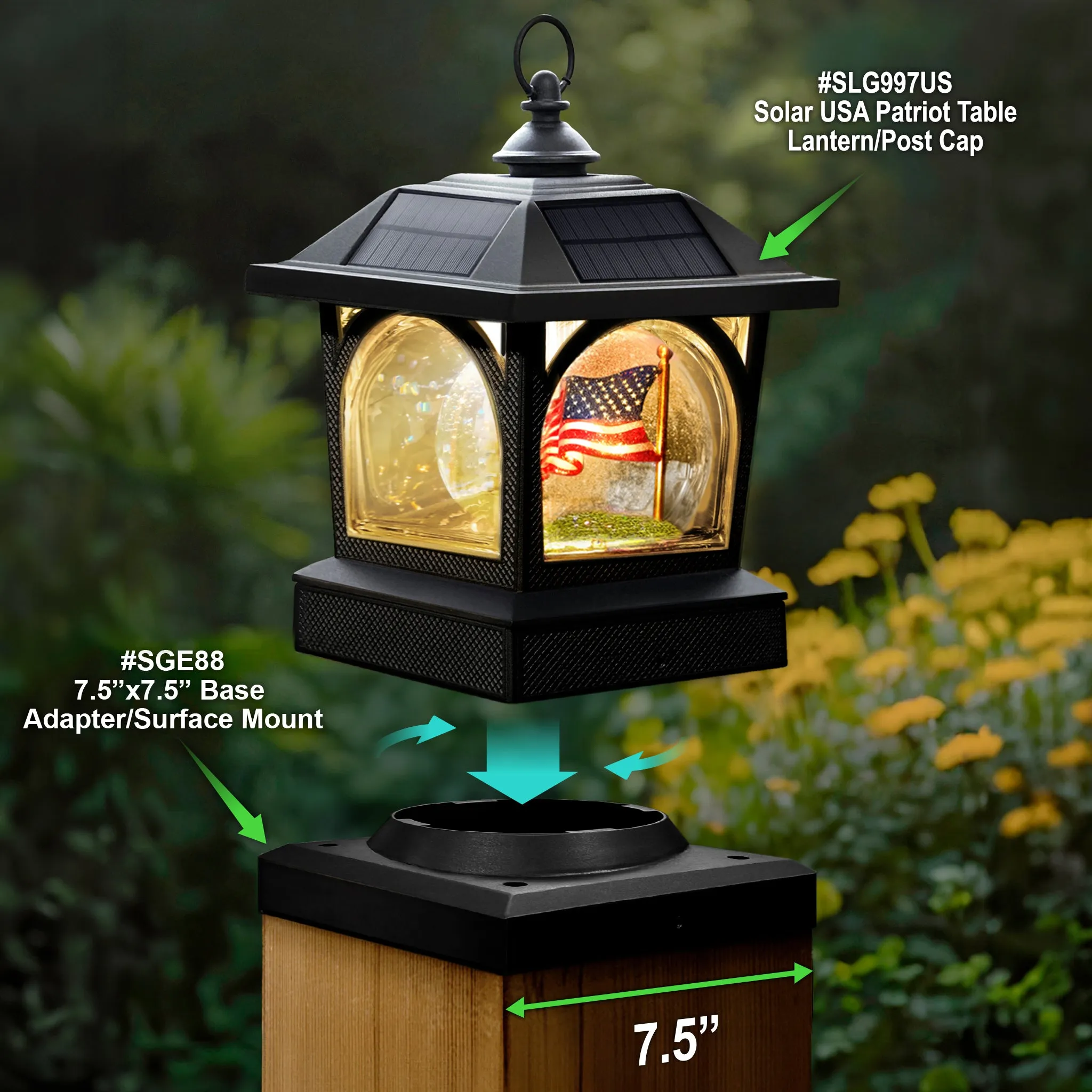 Solar USA Patriot Table Lantern/Post Cap with 7.5”x7.5” Base Adapter/Surface Mount