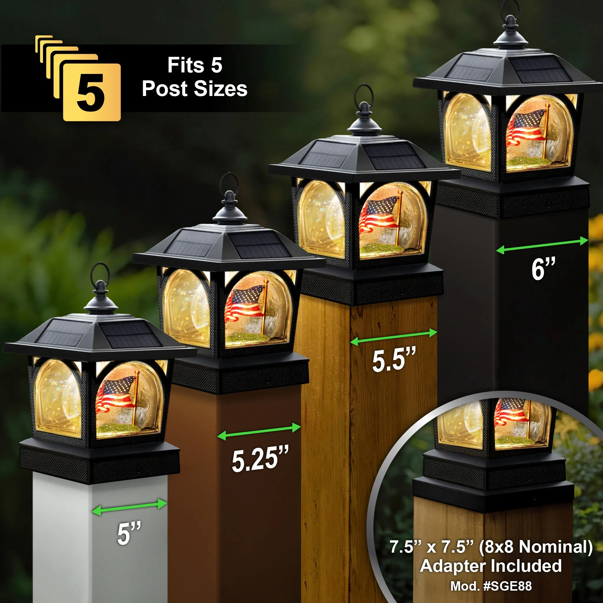 Solar USA Patriot Table Lantern/Post Cap with 7.5”x7.5” Base Adapter/Surface Mount