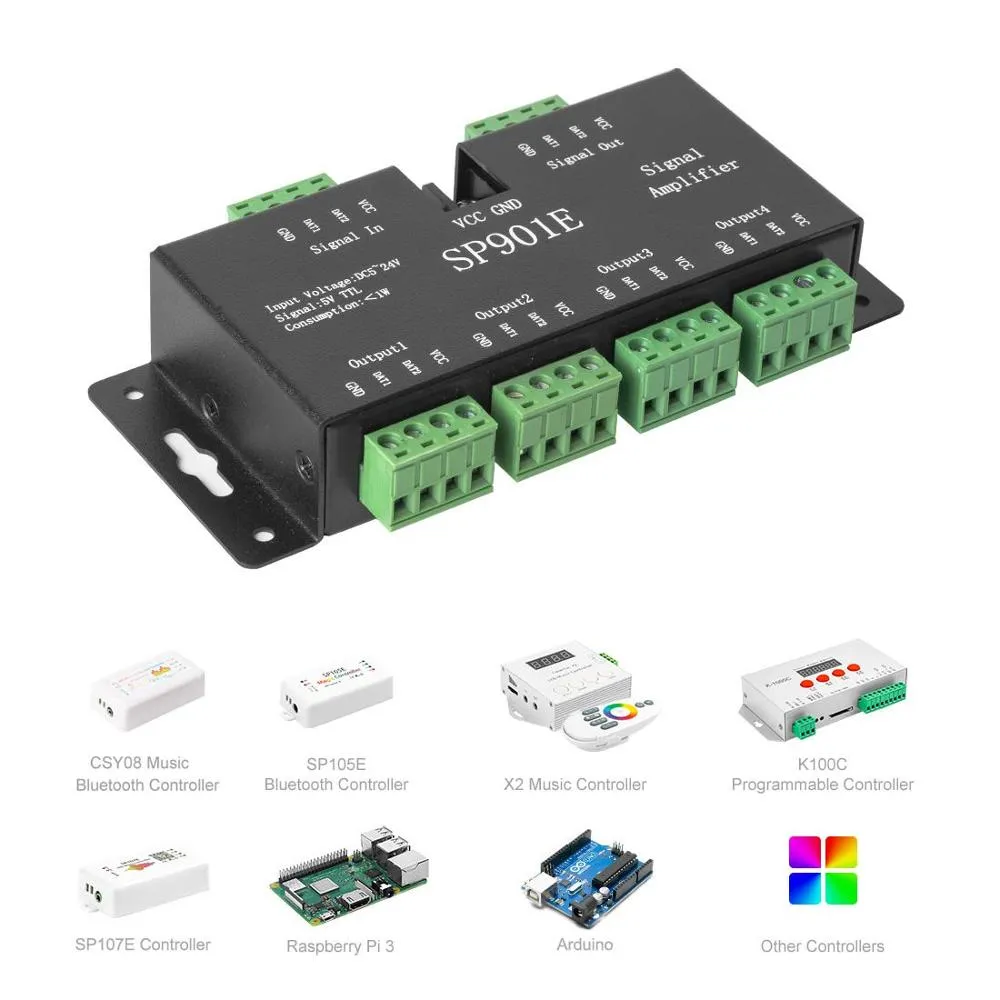 SP901E SPI Signal Amplifier for WS2812B WS2811 WS2813 Pixel RGB LED Strip Signal Repeater DC5-24V