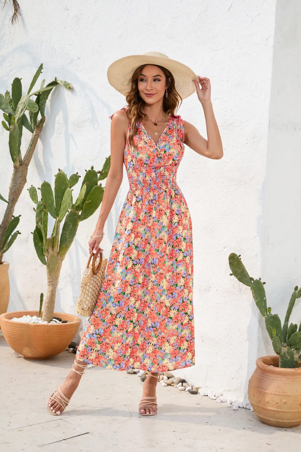 Spring and summer waist floral print waist dress V-neck strap dress