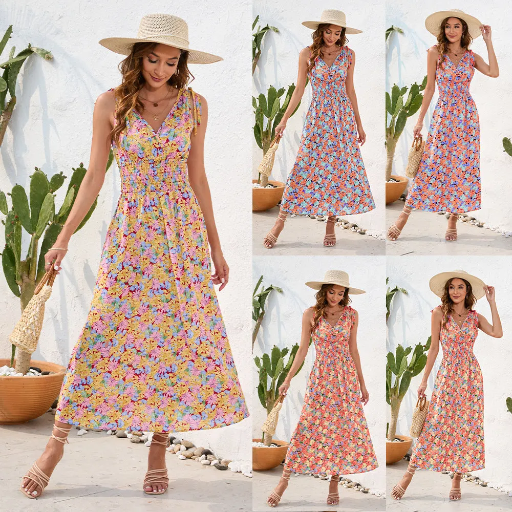 Spring and summer waist floral print waist dress V-neck strap dress