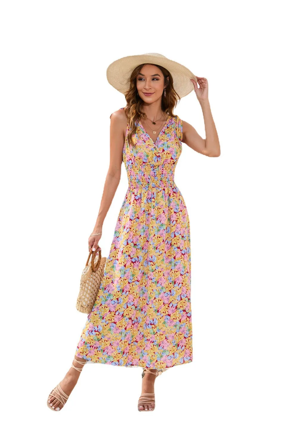 Spring and summer waist floral print waist dress V-neck strap dress