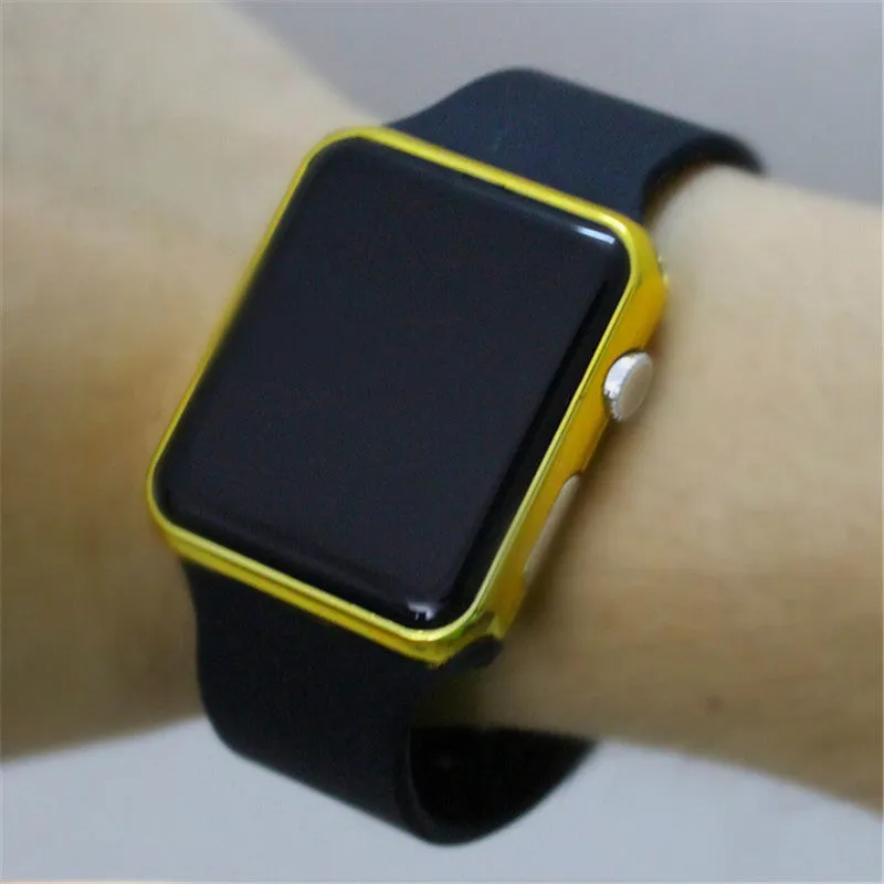 Square Mirror Face Silicone Band Digital Watch Red LED Watches Metal frame WristWatch