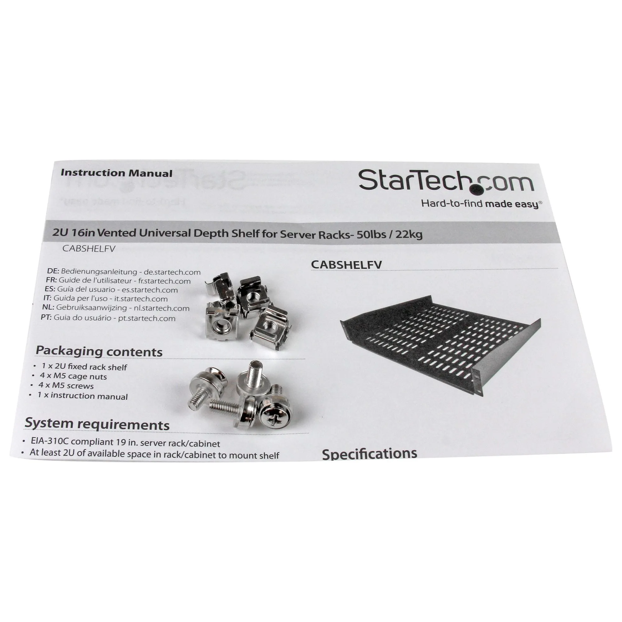 Startech.Com 1U Server Rack Shelf, 2U 16In Universal Fixed Vented Network Rack Shelf/Cantilever Tray For 19" Av/Data/Net