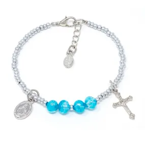 Steel and Blue Genuine Murano "Seed Bead" Bracelet with Sommerso Beads, Miraculous Medal and Crucifix