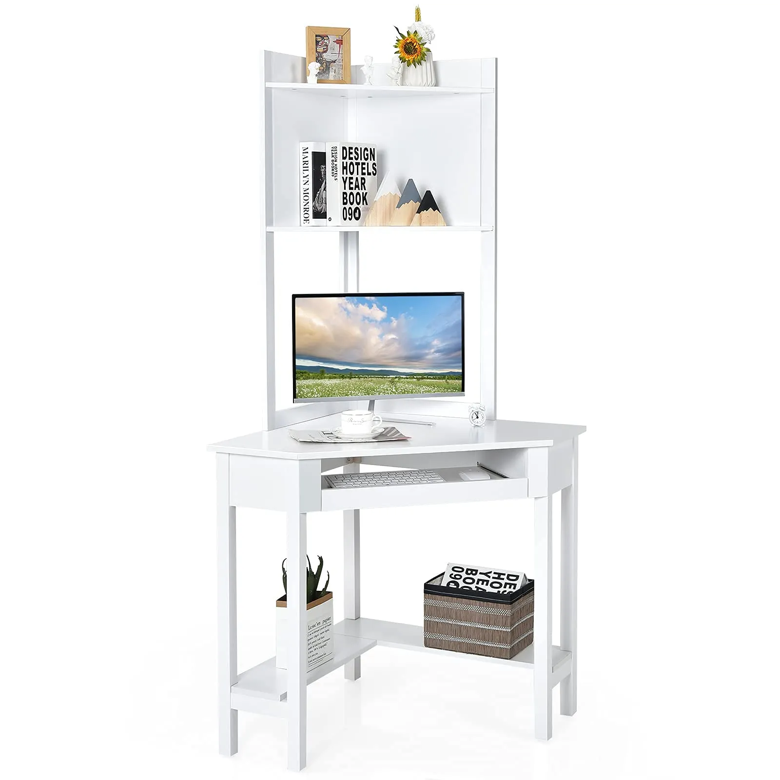 Tangkula White Corner Desk with Hutch, 90 Degrees Triangle Corner Computer Desk