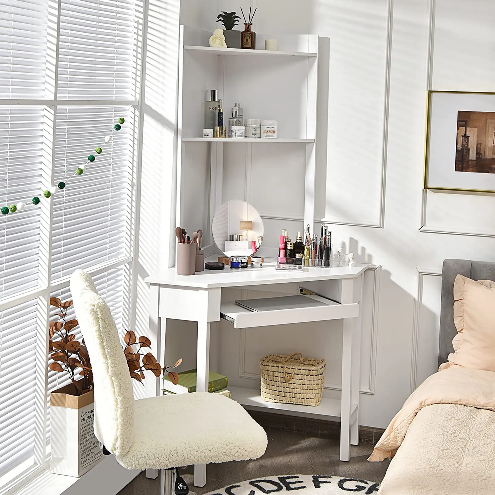 Tangkula White Corner Desk with Hutch, 90 Degrees Triangle Corner Computer Desk