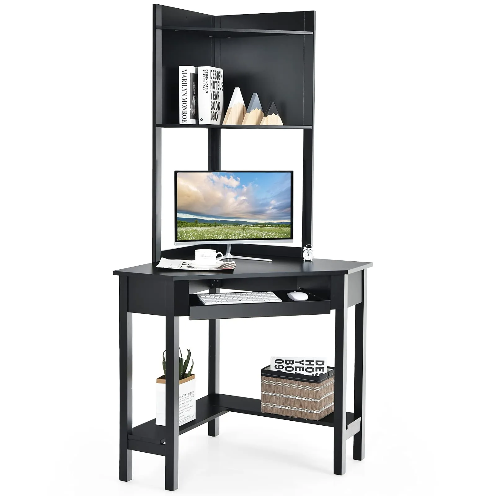 Tangkula White Corner Desk with Hutch, 90 Degrees Triangle Corner Computer Desk