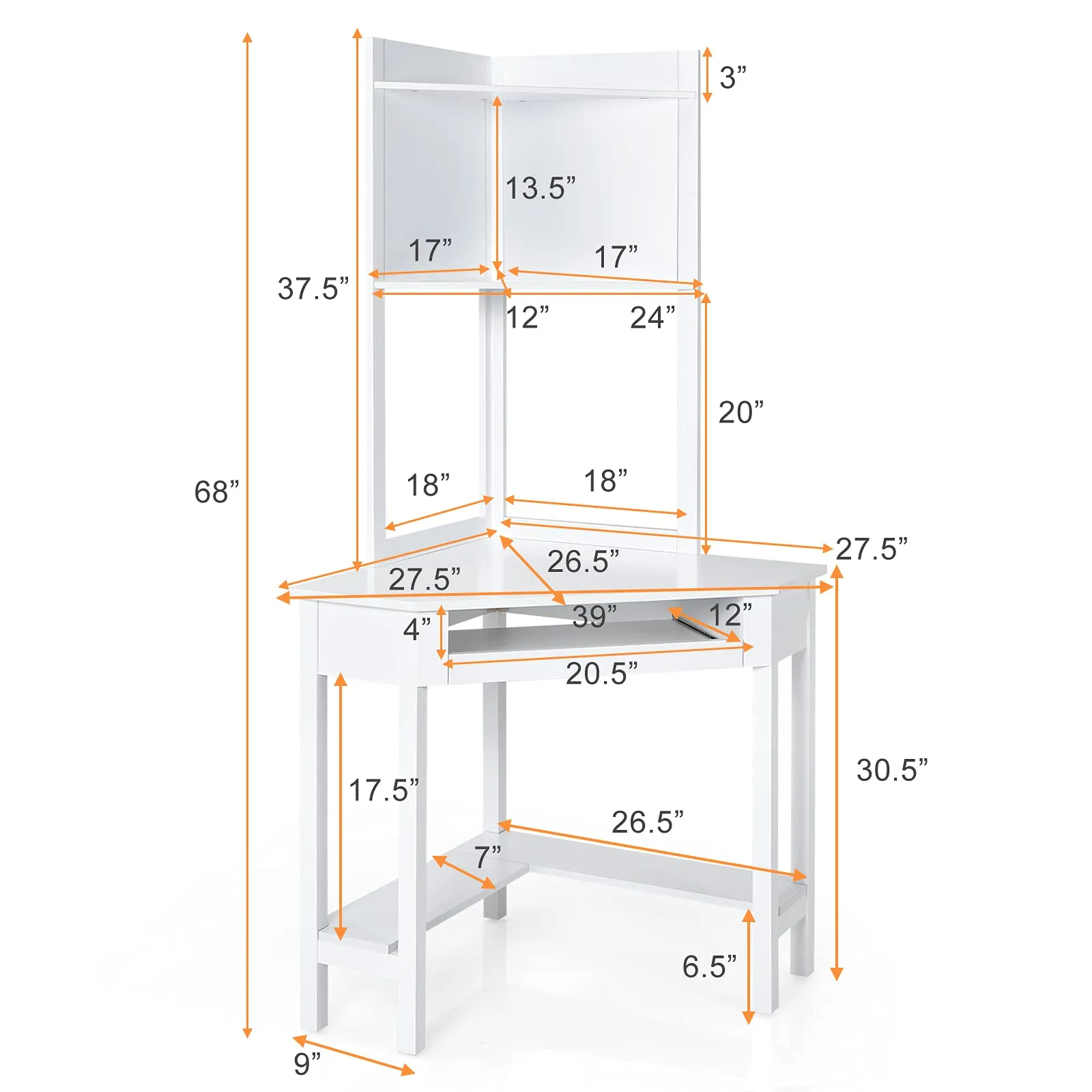 Tangkula White Corner Desk with Hutch, 90 Degrees Triangle Corner Computer Desk