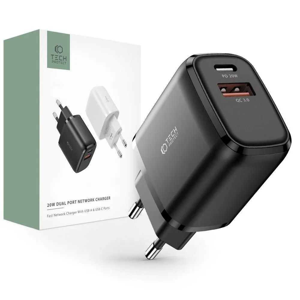 Tech-Protect Network PD 20W Vægoplader m. 1 x USB-C & 1 x USB-A - Sort