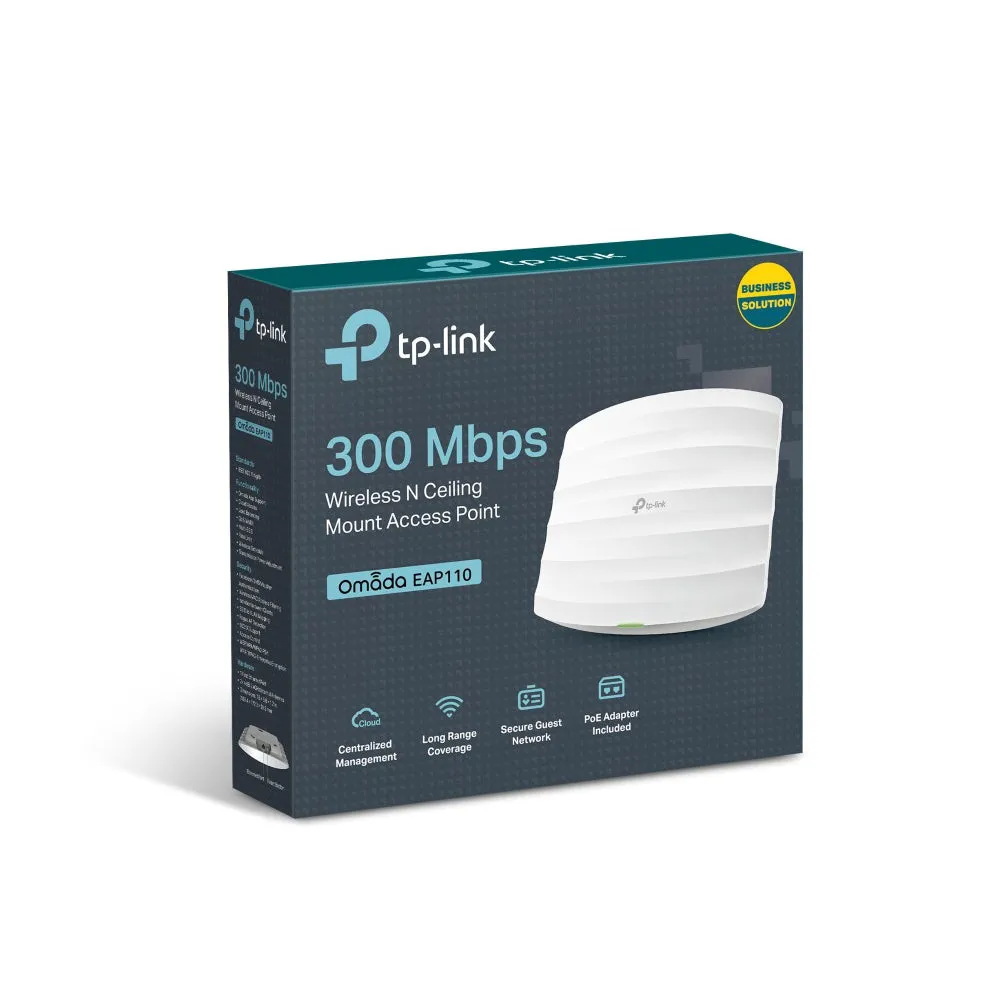 TP-Link EAP110 300Mbps Wireless N Ceiling Mount Access Point 2.4GHz with 10/100Mbps RJ45 Port, Internal 2 x 4dBi Omni-Directional, Supports Passive PoE Up to 100m, Secure Guest Network, Omada SDN, Load Balance