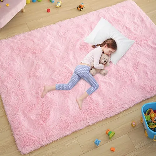 Ultra Soft Pink Rugs for Bedroom 4x6 Feet, Fluffy Shag Area Rugs for Living Room, Large Comfy Furry Rug for Girls Kids Baby Room Decor, Non Slip Nursery Rug Modern Indoor Fuzzy Floor Carpet