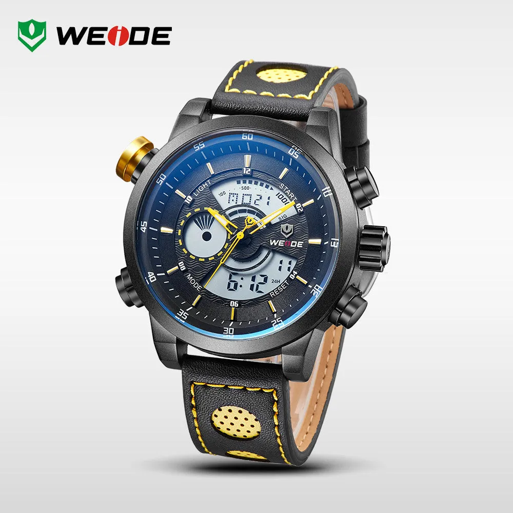 WEIDE Men Wristwatches Famous Brand Original Quartz Digital Mov't Genuine Leather Strap Multifunctional Outdoor Waterproof Watch