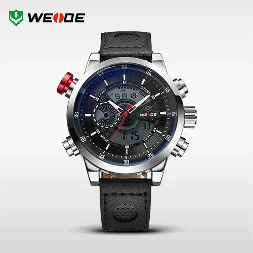 WEIDE Men Wristwatches Famous Brand Original Quartz Digital Mov't Genuine Leather Strap Multifunctional Outdoor Waterproof Watch