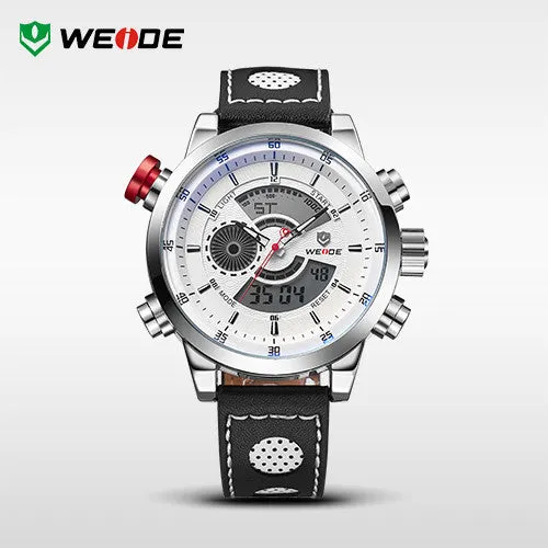 WEIDE Men Wristwatches Famous Brand Original Quartz Digital Mov't Genuine Leather Strap Multifunctional Outdoor Waterproof Watch