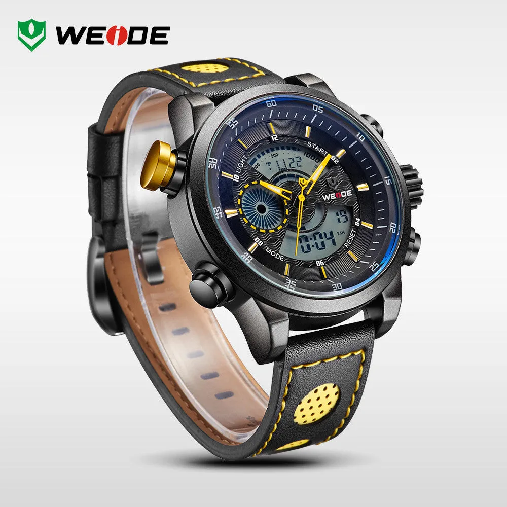 WEIDE Men Wristwatches Famous Brand Original Quartz Digital Mov't Genuine Leather Strap Multifunctional Outdoor Waterproof Watch