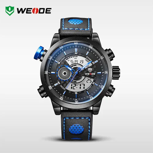 WEIDE Men Wristwatches Famous Brand Original Quartz Digital Mov't Genuine Leather Strap Multifunctional Outdoor Waterproof Watch