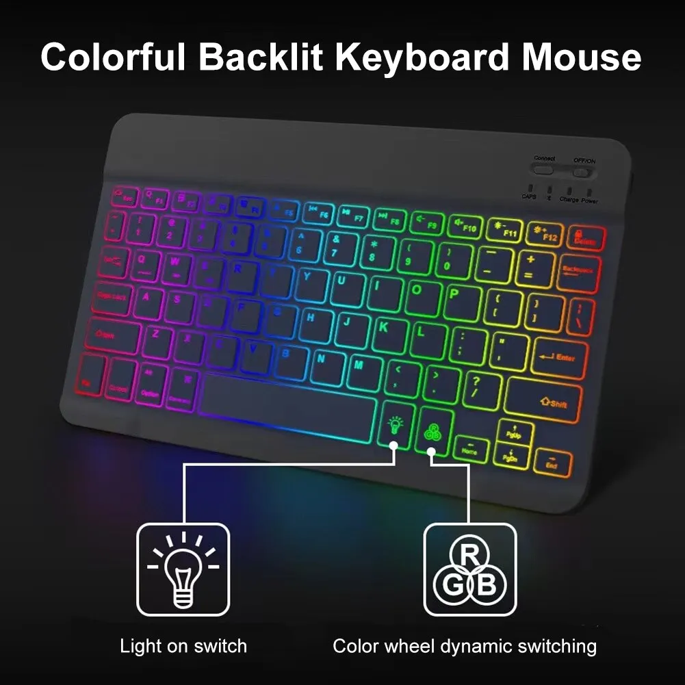 Wireless Keyboard Mouse Portable 10 Inch Keyboard Mouse Combos RGB Backlit Bluetooth-compatible For Pad Laptop Tablet Accessory