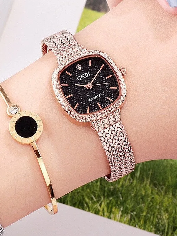 Women's Watch Rose gold square dial with drill simple quartz watch