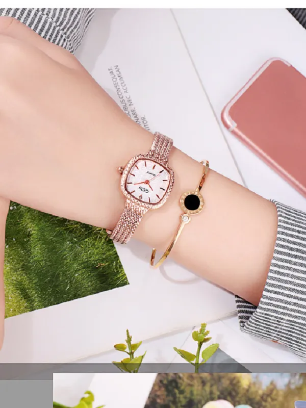 Women's Watch Rose gold square dial with drill simple quartz watch