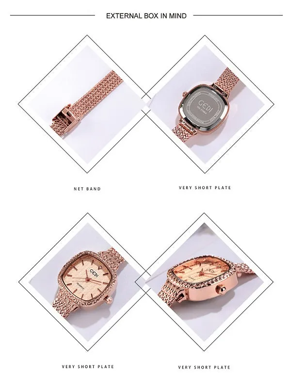 Women's Watch Rose gold square dial with drill simple quartz watch